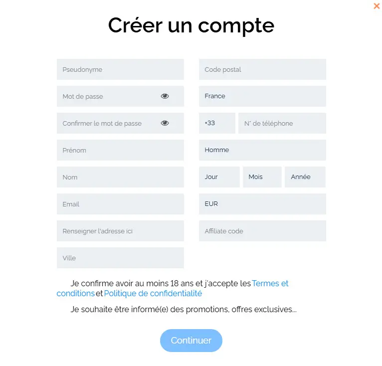 Processus d'inscription Casino777